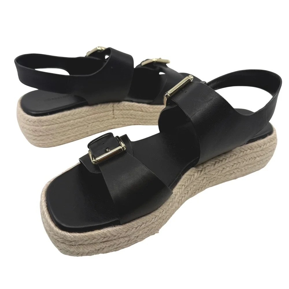NEW Nordstrom‎ AVILA Espadrille Sandals Black Leather Platform WOMEN 10 BUCKLE